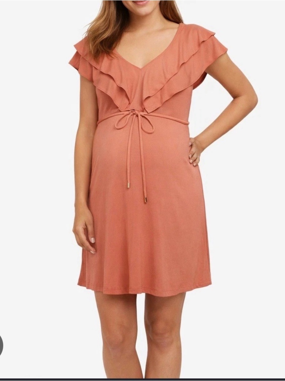 Jessica Simpson Ruffle V-Neck Maternity Dress in salmon pink color